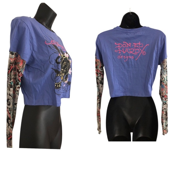 Ed Hardy purple sheer mesh Ed hardy tatoo sleeves crop top shirt size Large new - Picture 1 of 17